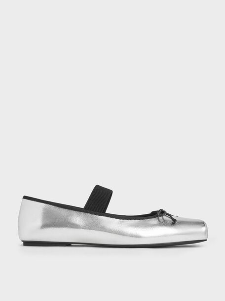 Metallic Square-Toe Mary Jane Ballet Flats, Silver, hi-res