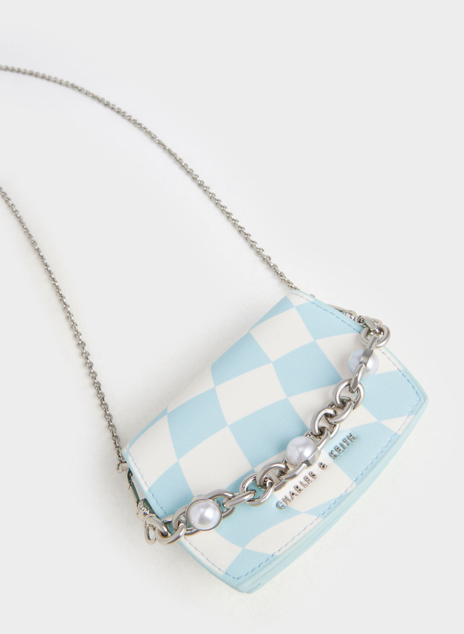 Chain Handle Checkered Vanity Pouch, Light Blue, hi-res