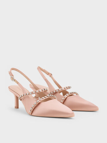 Satin Crystal-Embellished Slingback Mary Jane Pumps, Nude, hi-res