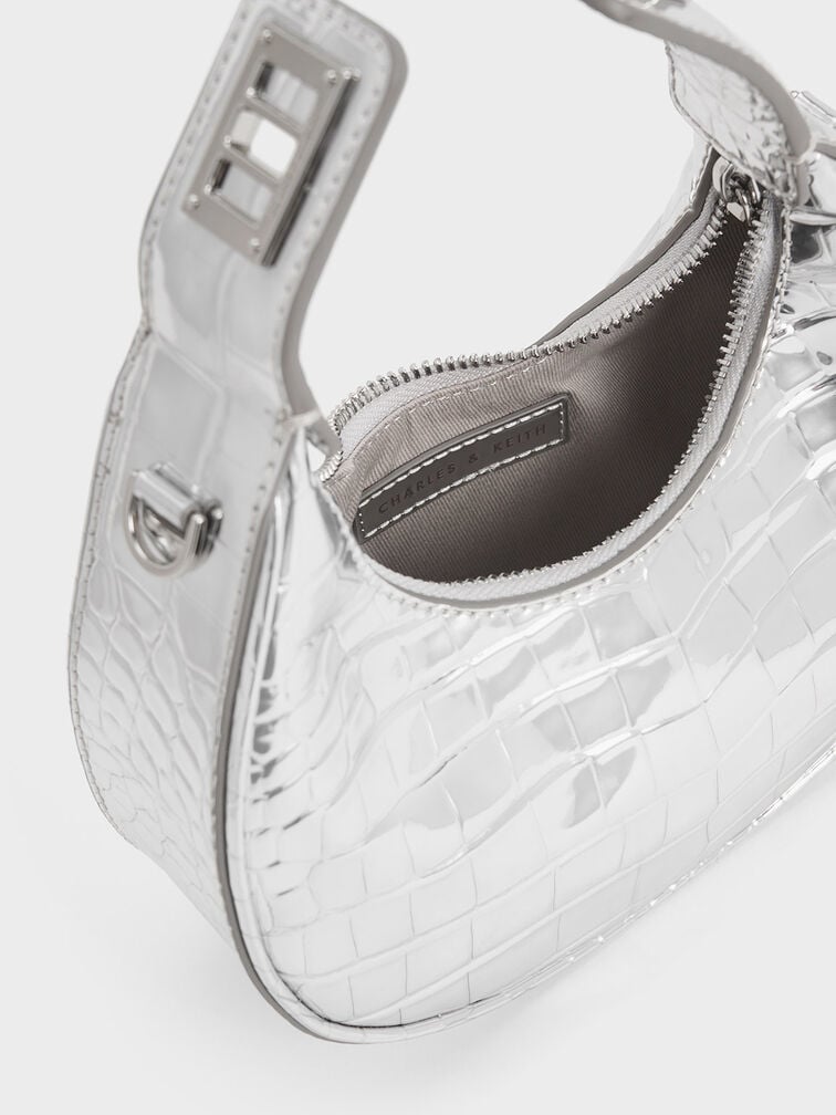 Mini Croc-Effect Metallic Moon Bag, Silver, hi-res
