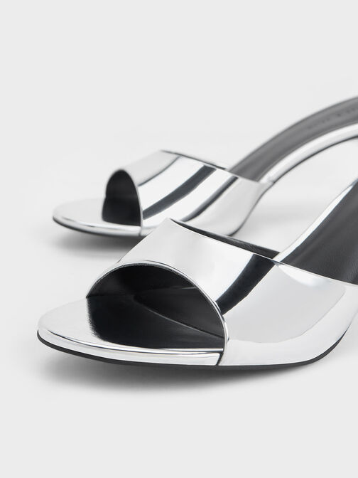 Metallic Slant Heel Mules, Silver, hi-res