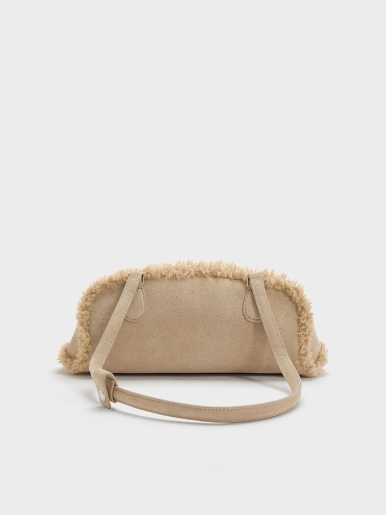 Nelly Recycled Suede & Faux Shearling Elongated Shoulder Bag, Nutmeg Beige, hi-res