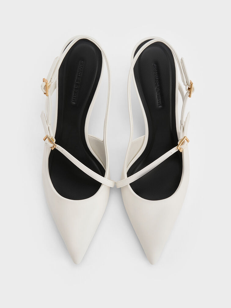 Buckled Sculptural-Heel Slingback Pumps, White, hi-res