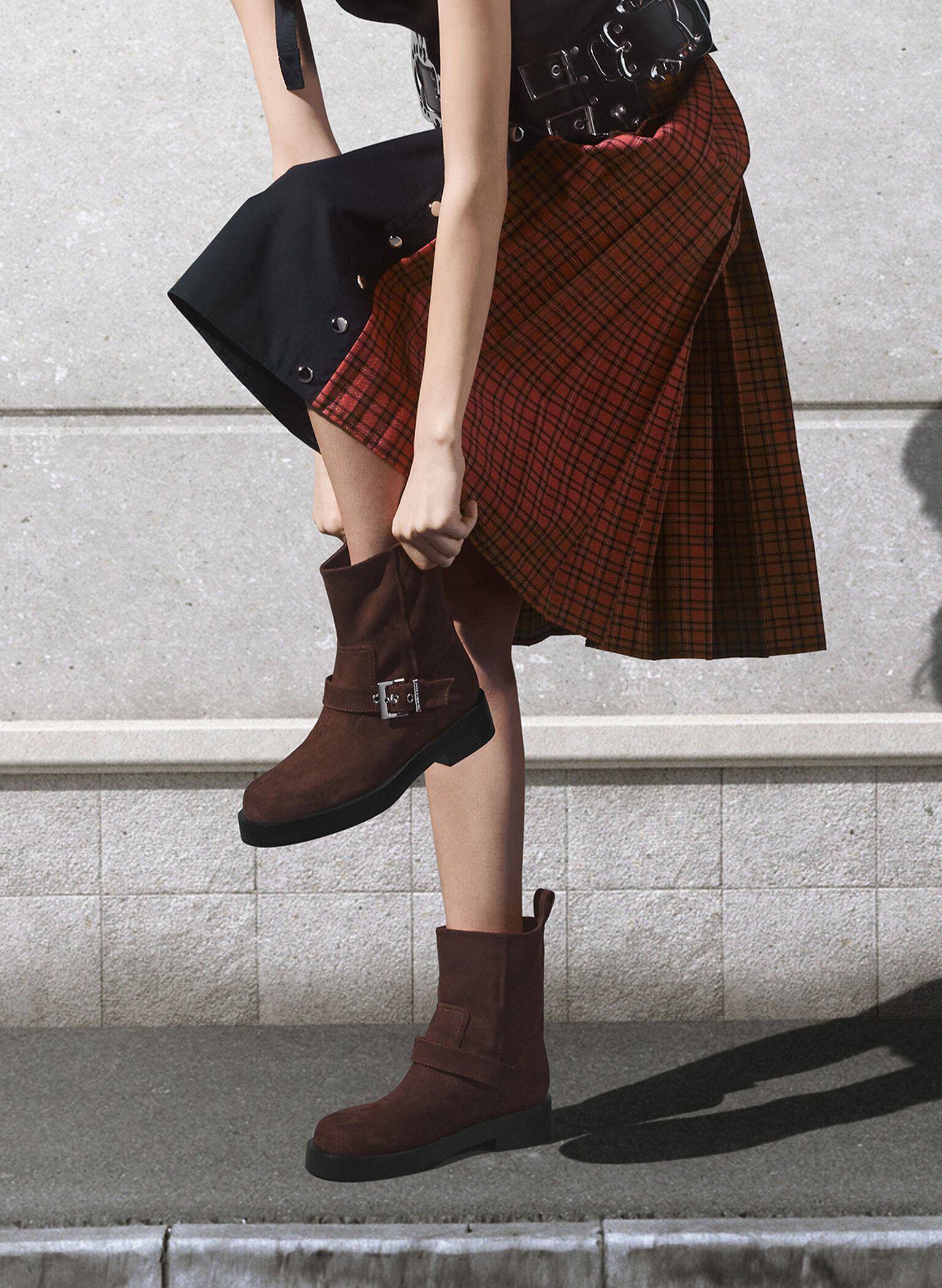 Faux Suede Buckle-Strap Biker Boots, Dark Brown, hi-res
