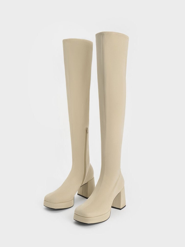 Evie Textured Platform Thigh-High Boots, Beige, hi-res