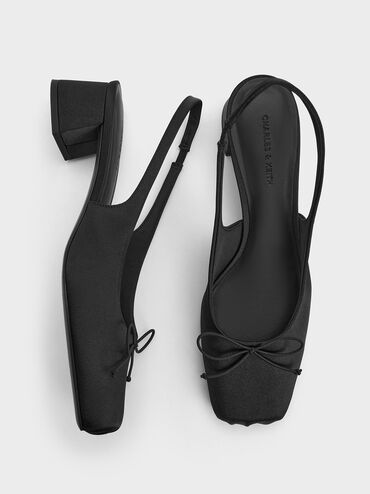 Satin Bow Square-Toe Slingback Pumps, Black Textured, hi-res