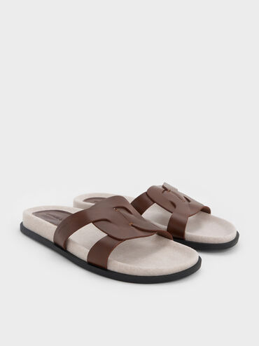Linen Interwoven Cut-Out Slide Sandals, Dark Brown, hi-res