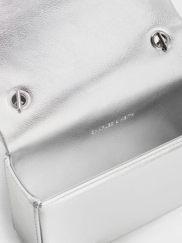 Metallic Crystal-Buckle Belted Chain-Handle Bag, Silver, hi-res