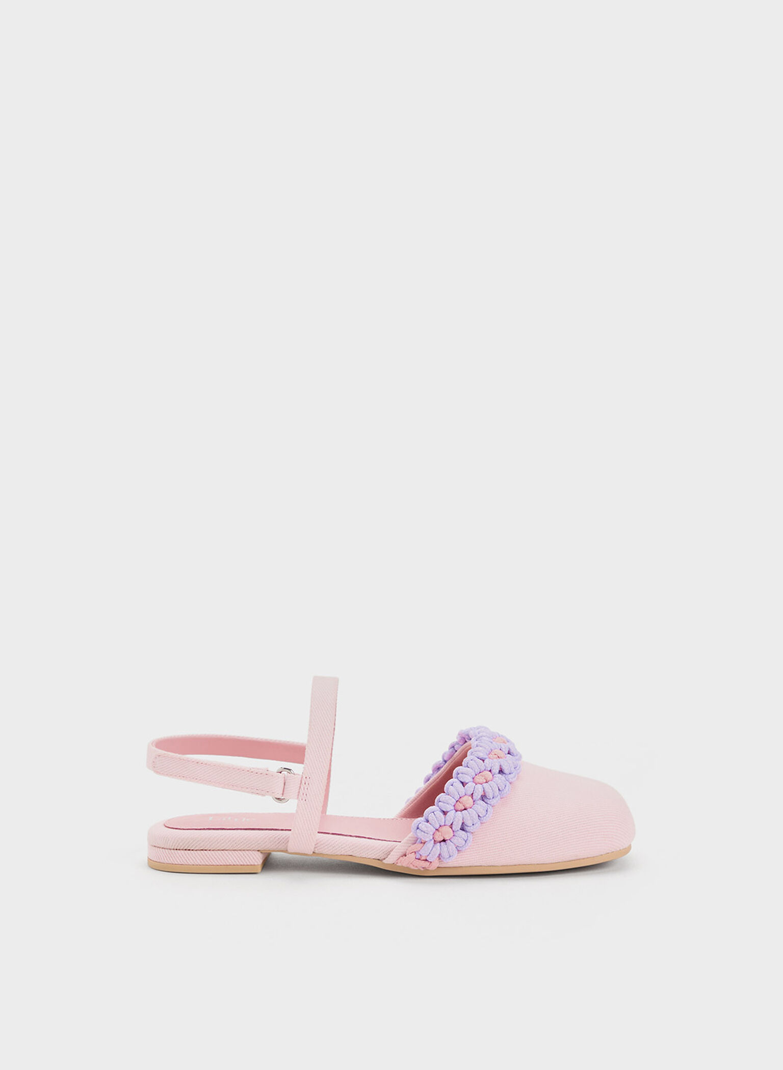 Girls' Floral Crochet Denim Slingback Flats, Pink, hi-res