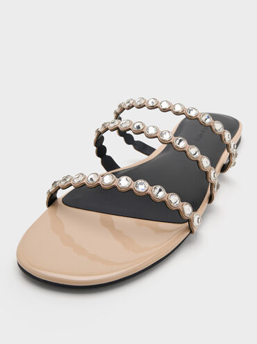Crystal-Embellished Triple-Strap Sandals, Nude, hi-res
