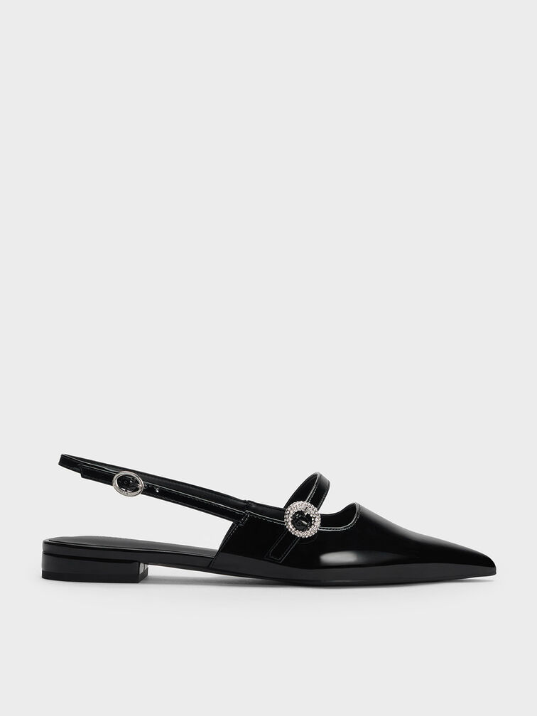 Patent Crystal-Embellished Slingback Flats, Black Patent, hi-res
