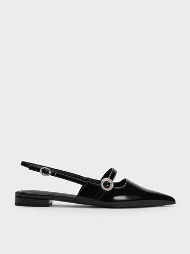 Patent Crystal-Embellished Slingback Flats, Black Patent, hi-res