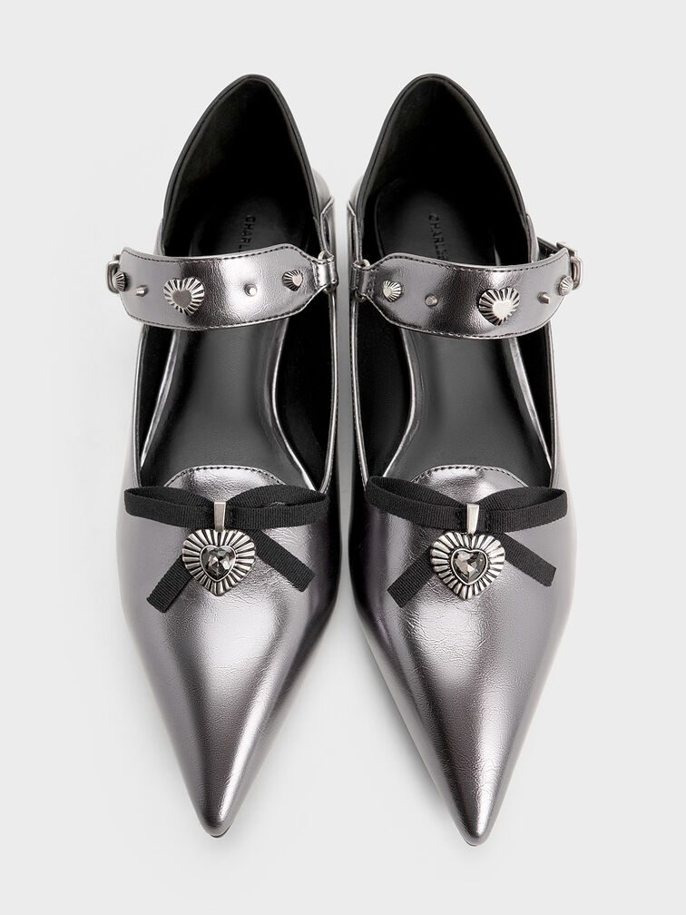 Studded Heart-Embellished Pointed-Toe Mary Janes, Pewter, hi-res