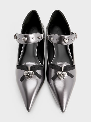 Studded Heart-Embellished Pointed-Toe Mary Janes, Pewter, hi-res