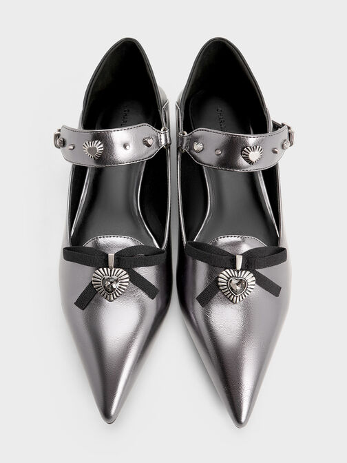 Studded Heart-Embellished Pointed-Toe Mary Janes, Pewter, hi-res