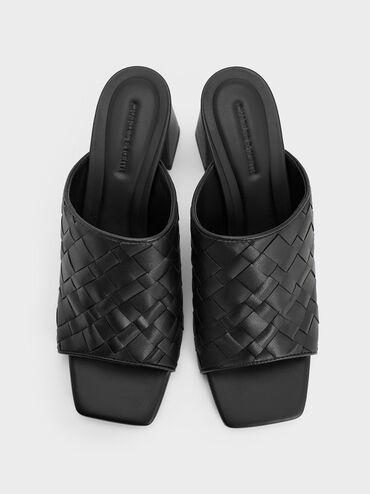 Woven Square-Toe Heeled Mules, Black, hi-res