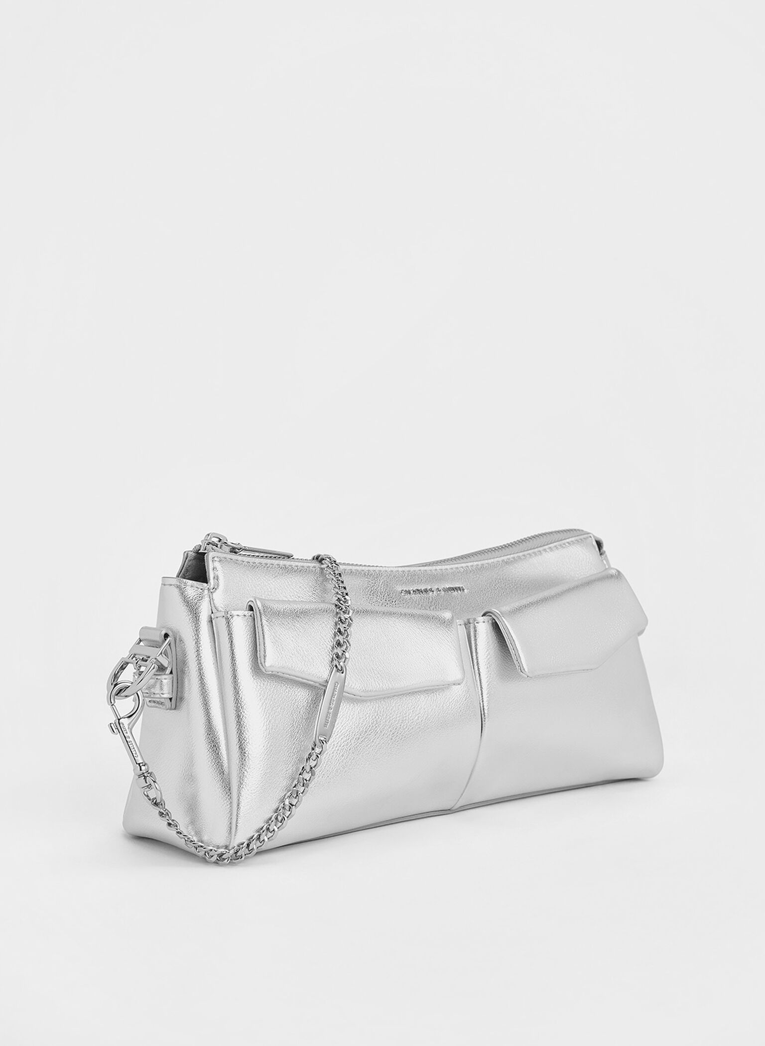 Rachel Elongated Front-Pocket Chain-Handle Bag, Silver, hi-res