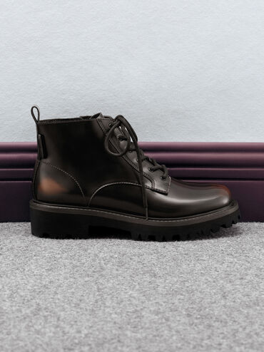 Ridged-Sole Side-Zip Combat Boots, Dark Brown, hi-res