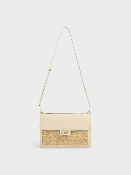 Leather & Raffia Shoulder Bag, Beige, hi-res