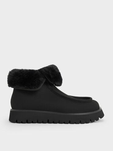 Textured Fur-Lined Ridged-Sole Ankle Boots, Black, hi-res