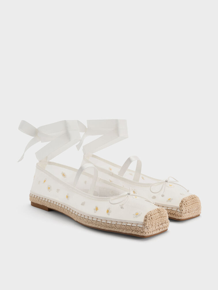 Mesh Floral-Embroidered Bow Tie-Around Espadrille Ballet Flats, White, hi-res