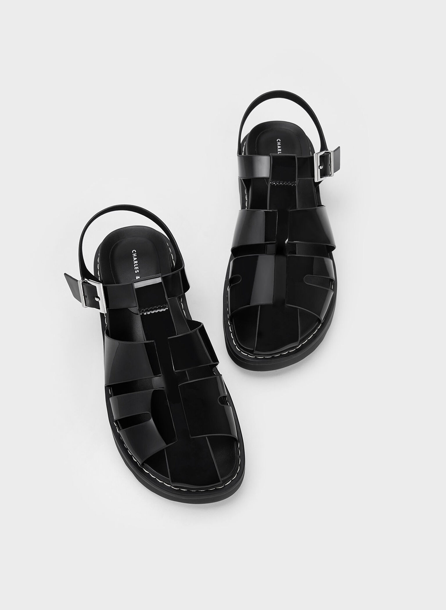 Interwoven Patent Buckled Sandals, Black Patent, hi-res
