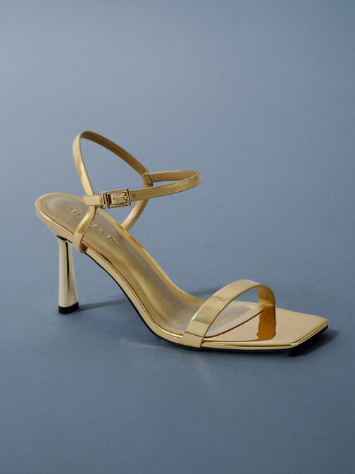 Metallic Square-Toe Ankle-Strap Heeled Sandals, Gold, hi-res