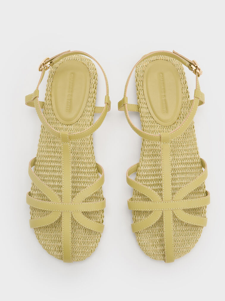Strappy Raffia T-Bar Ankle-Strap Sandals, Olive, hi-res