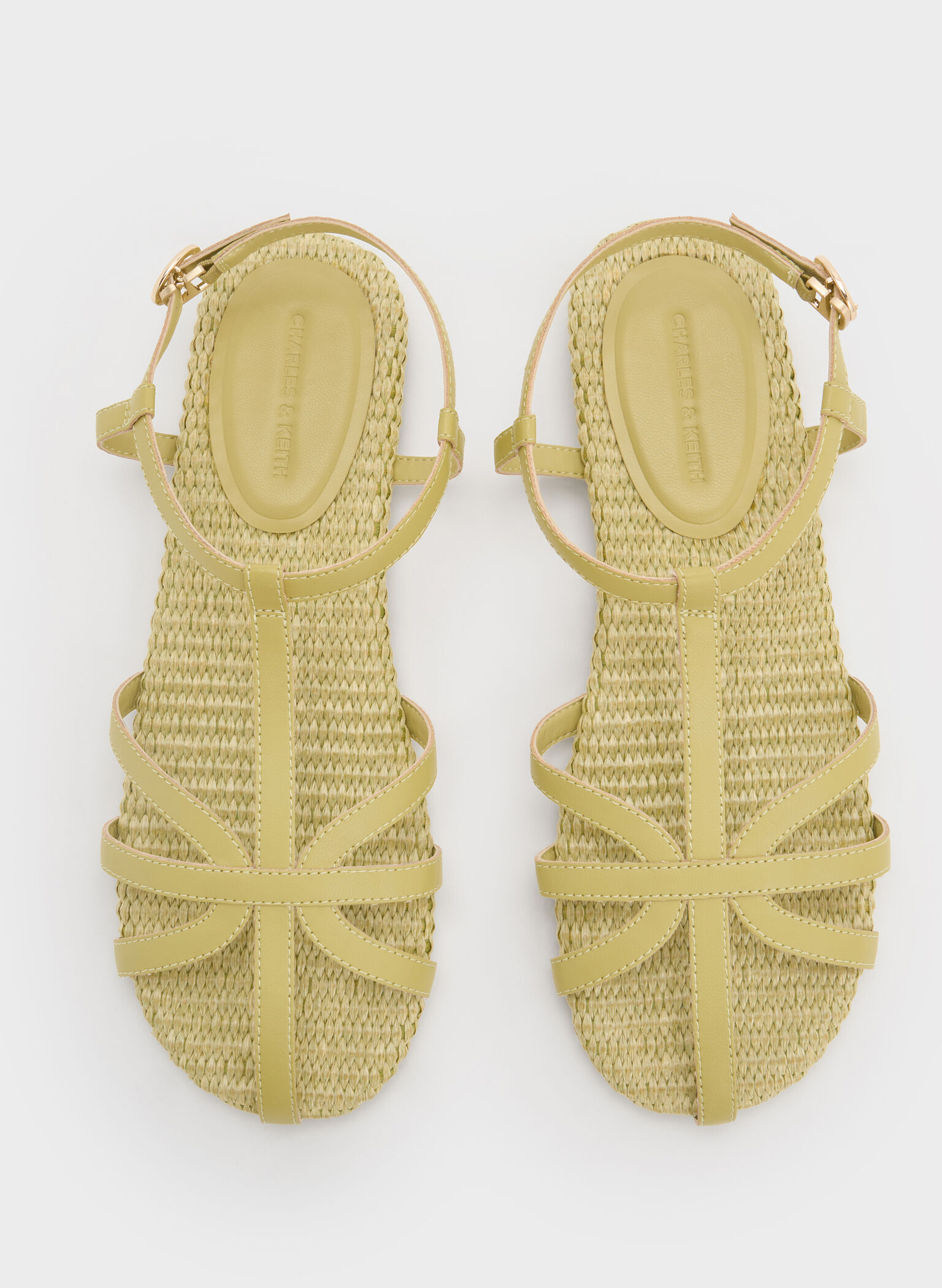 Strappy Raffia T-Bar Ankle-Strap Sandals, Olive, hi-res