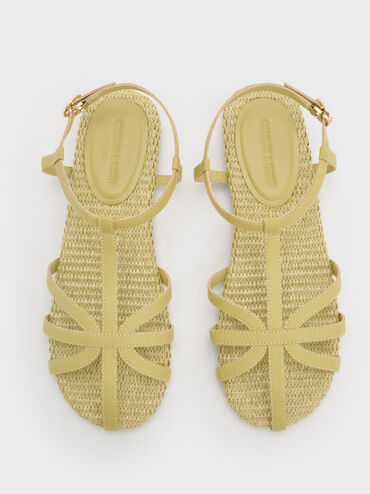 Strappy Raffia T-Bar Ankle-Strap Sandals, Olive, hi-res