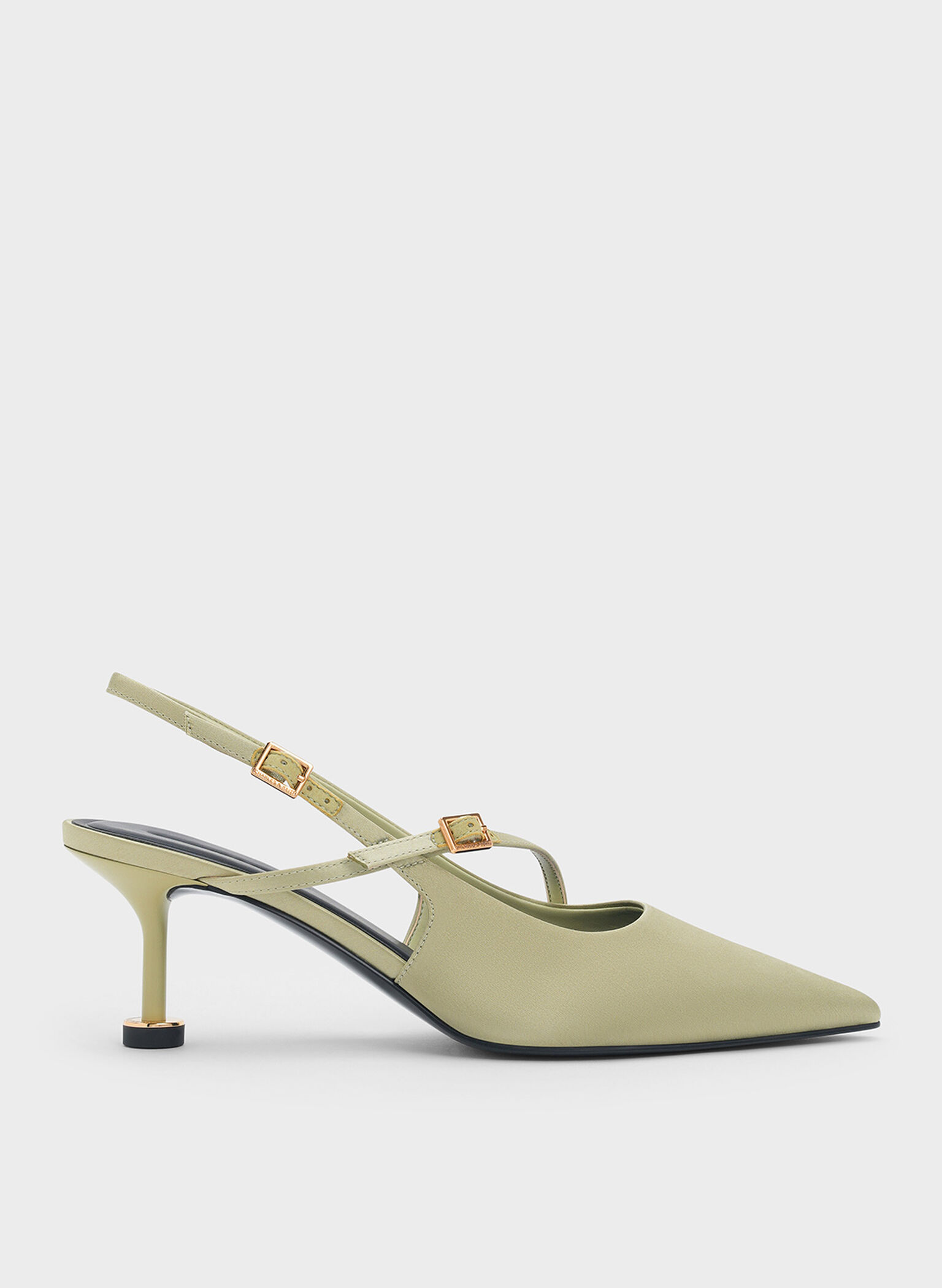 Recycled Polyester Buckled Sculptural-Heel Slingback Pumps, Green, hi-res
