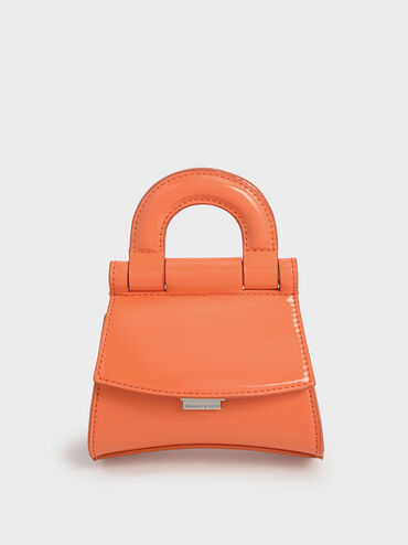 Mini Patent Top Handle Pouch Bag, Orange, hi-res