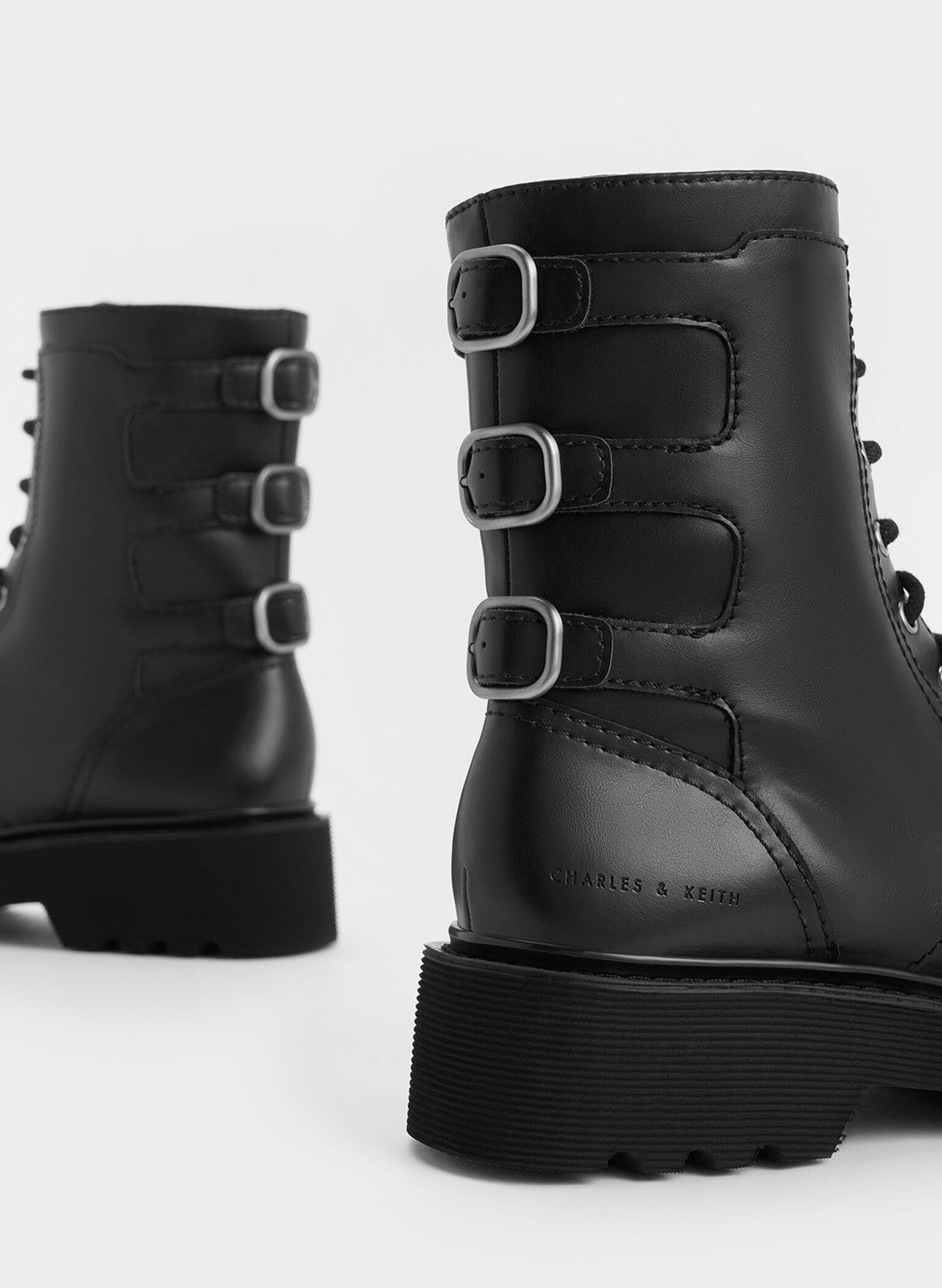 Triple-Buckle Lace-Up Ankle Boots, Black, hi-res