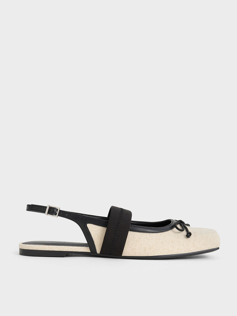 Lyric Linen & Satin Bow Slingback Flats, Beige, hi-res