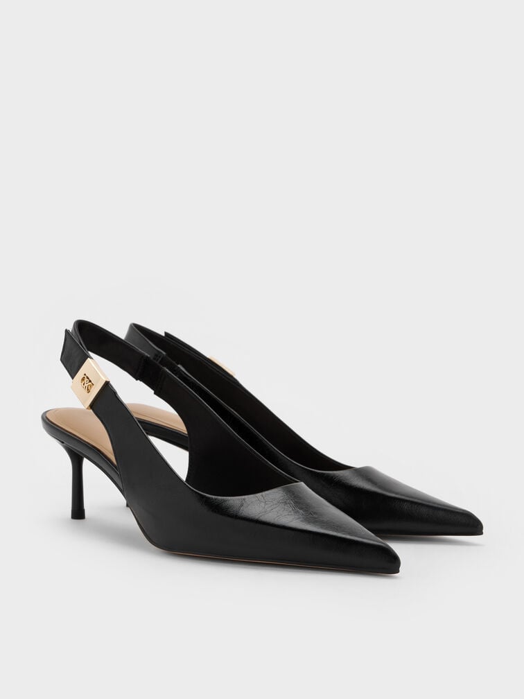 Cody Leather Pointed-Toe Kitten-Heel Slingback Pumps, Black, hi-res