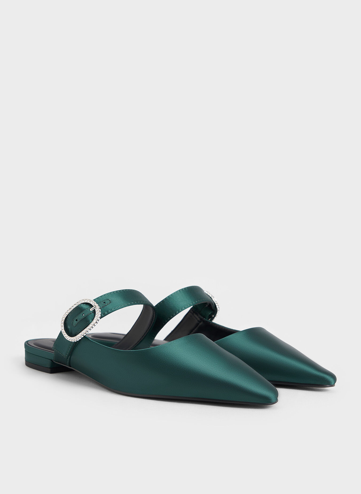 Recycled Polyester Crystal-Buckle Pointed-Toe Mules, Dark Green, hi-res