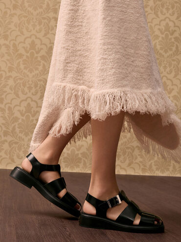 Leather Caged Sandals, Black, hi-res