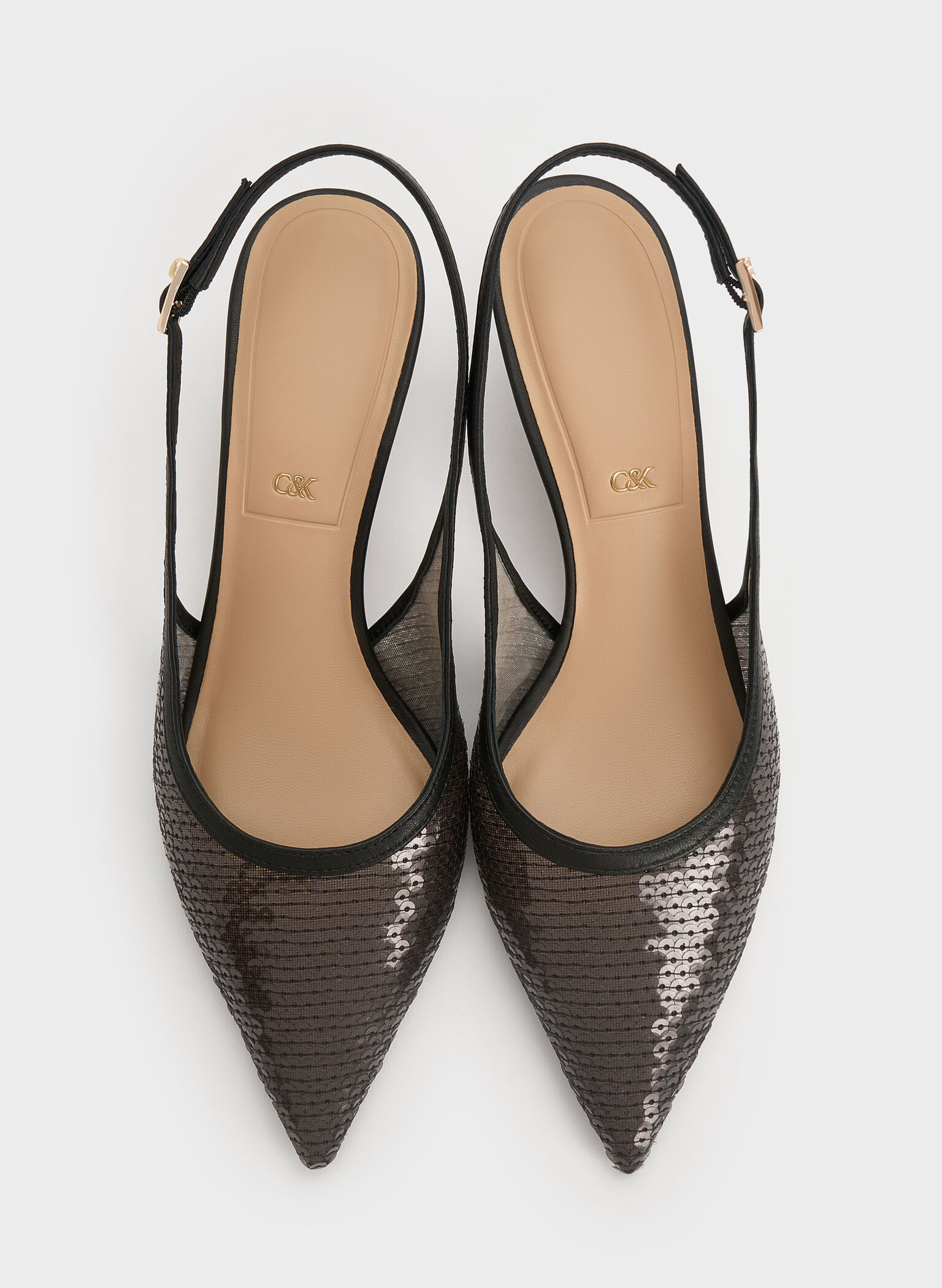 Sequin Mesh & Leather Slingback Kitten Heels, Black Textured, hi-res