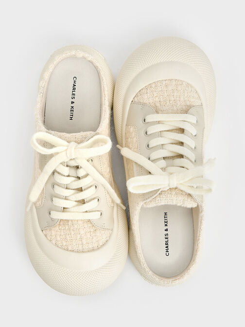 Tweed Lace-Up Slip-On Sneakers, Chalk, hi-res