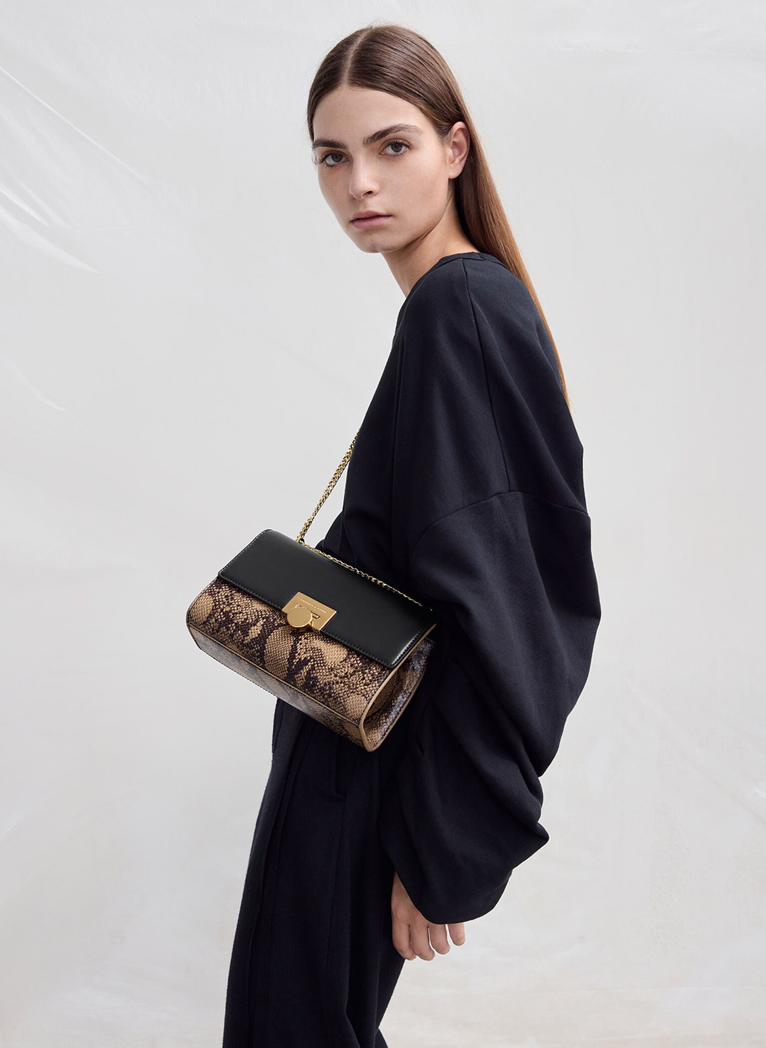 Ebba Snake Print Chain-Strap Bag, Beige, hi-res