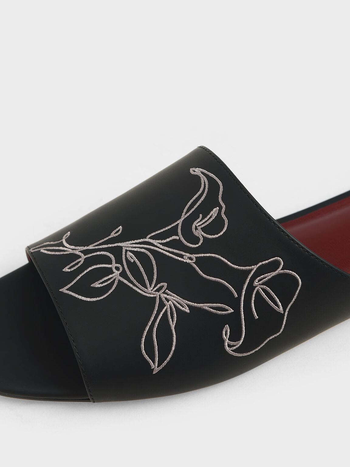 Floral Embroidered Slide Sandals, Black, hi-res
