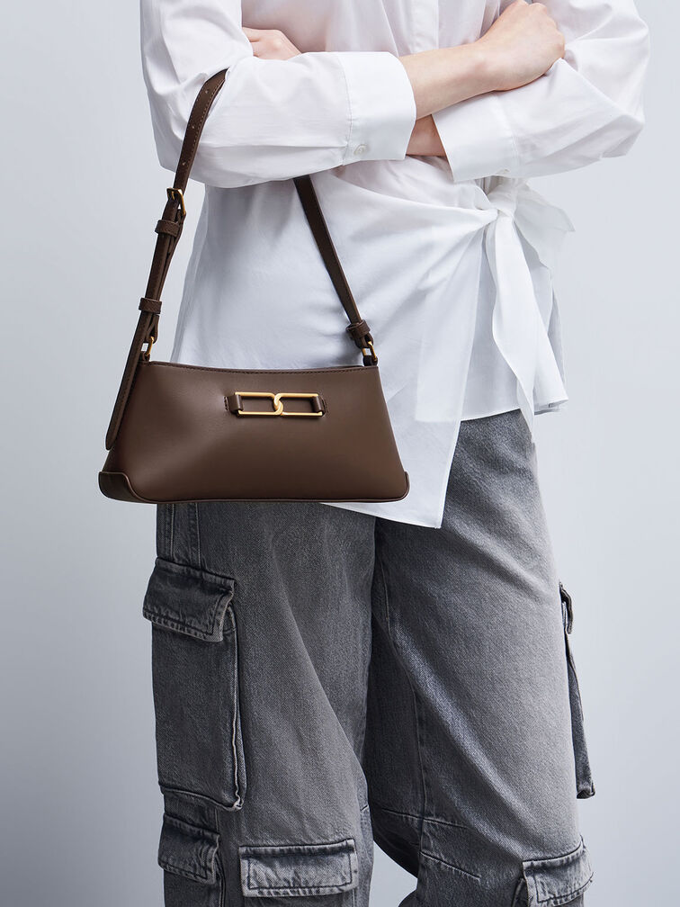 Gabine Leather Trapeze Shoulder Bag, Dark Brown, hi-res