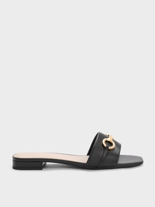 Metallic Bar Slide Sandals, Black, hi-res