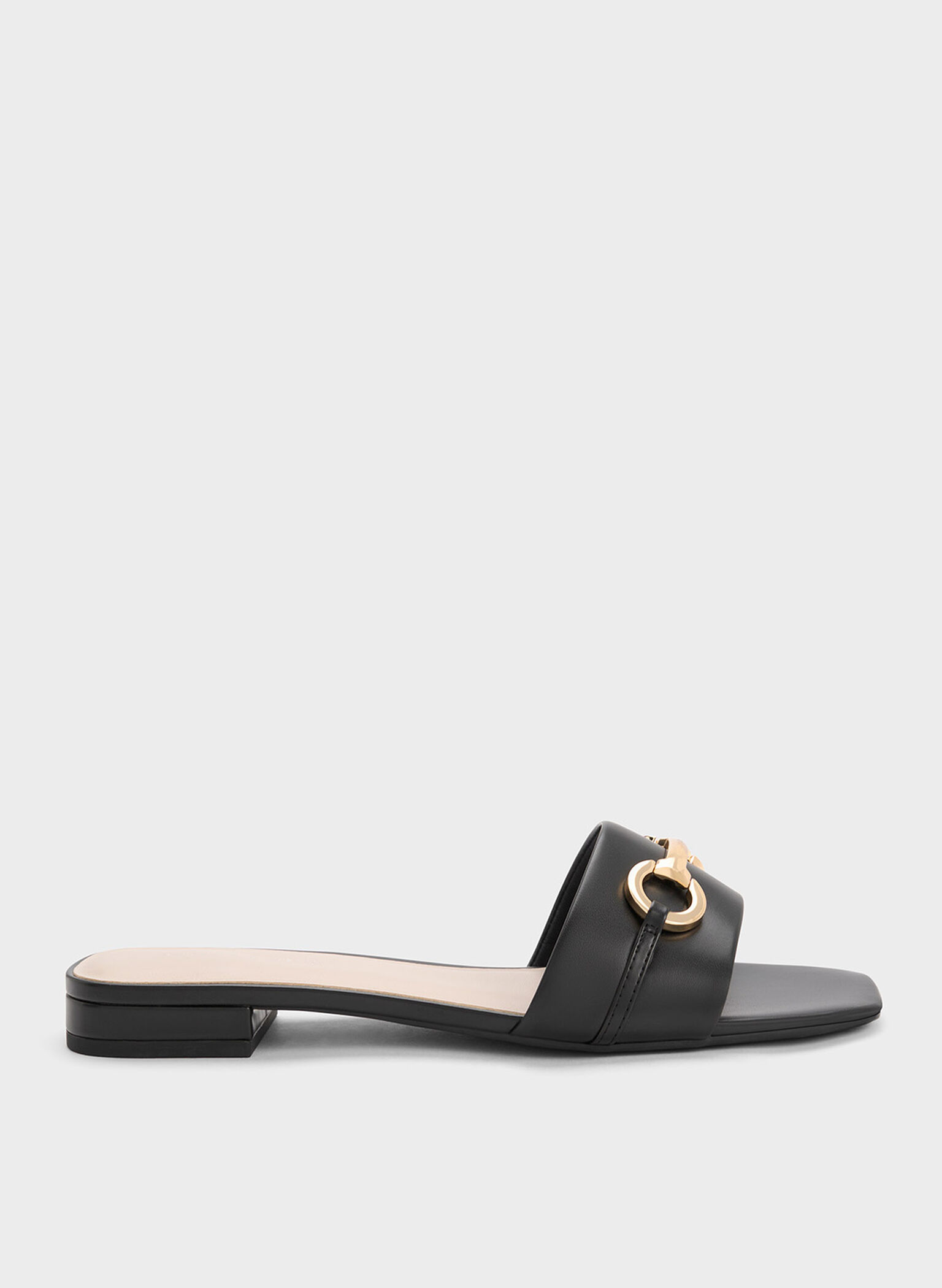 Metallic Bar Slide Sandals, Black, hi-res