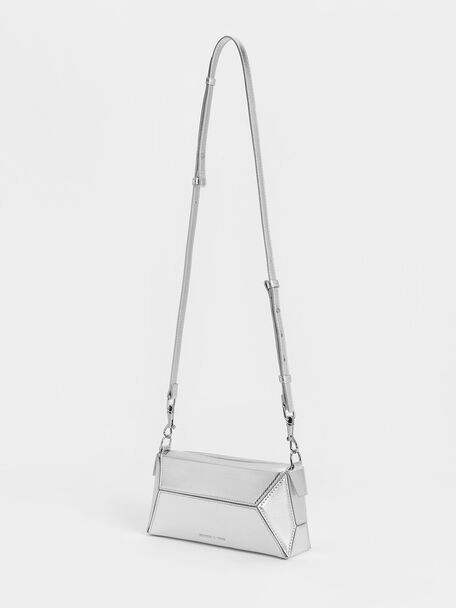 Nasrin Metallic Geometric Chain-Handle Shoulder Bag, Silver, hi-res