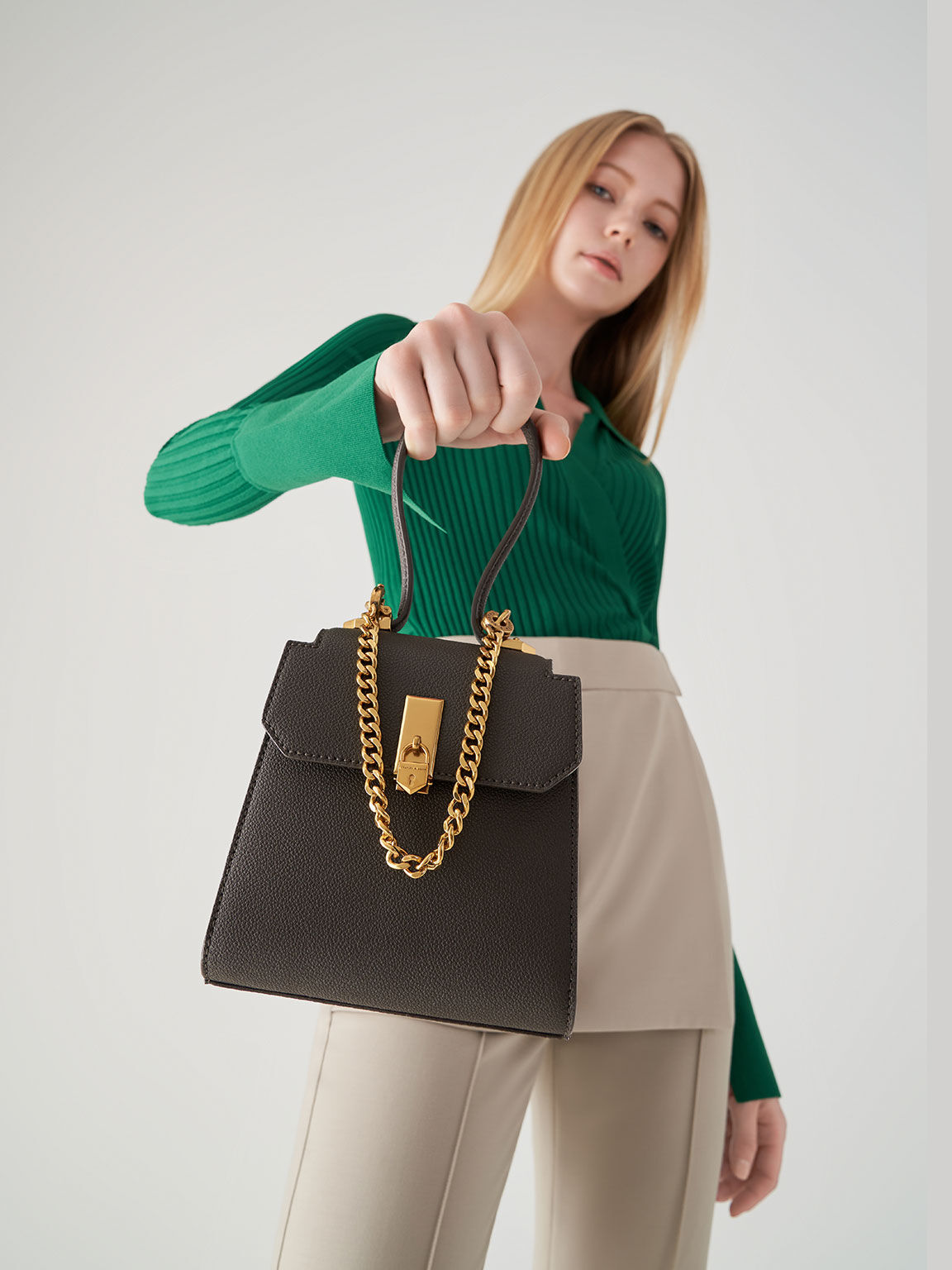 Dark Moss Geometric Top Handle Chain Link Bag CHARLES KEITH UK