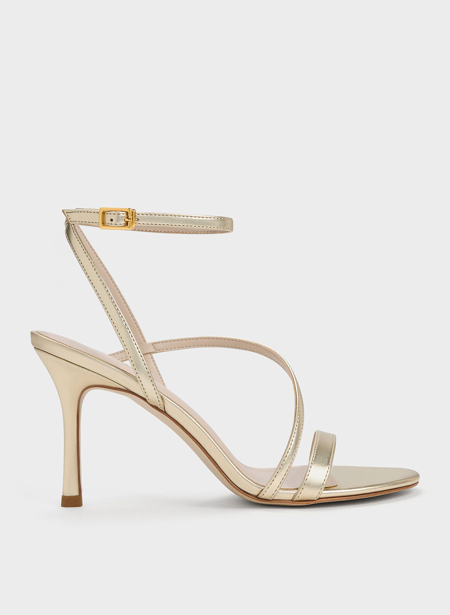 Metallic Asymmetric Strappy Heeled Sandals, Gold, hi-res