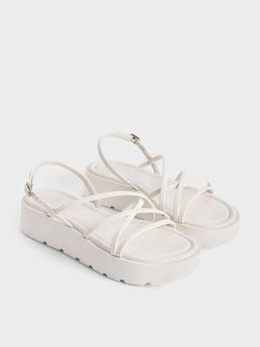 Strappy Ridged-Sole Flatform Sandals, White, hi-res