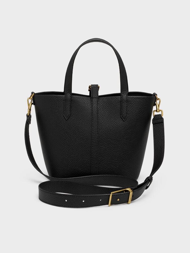 Beryl Recycled Leather Double-Handle Belted Bucket Bag, Black, hi-res