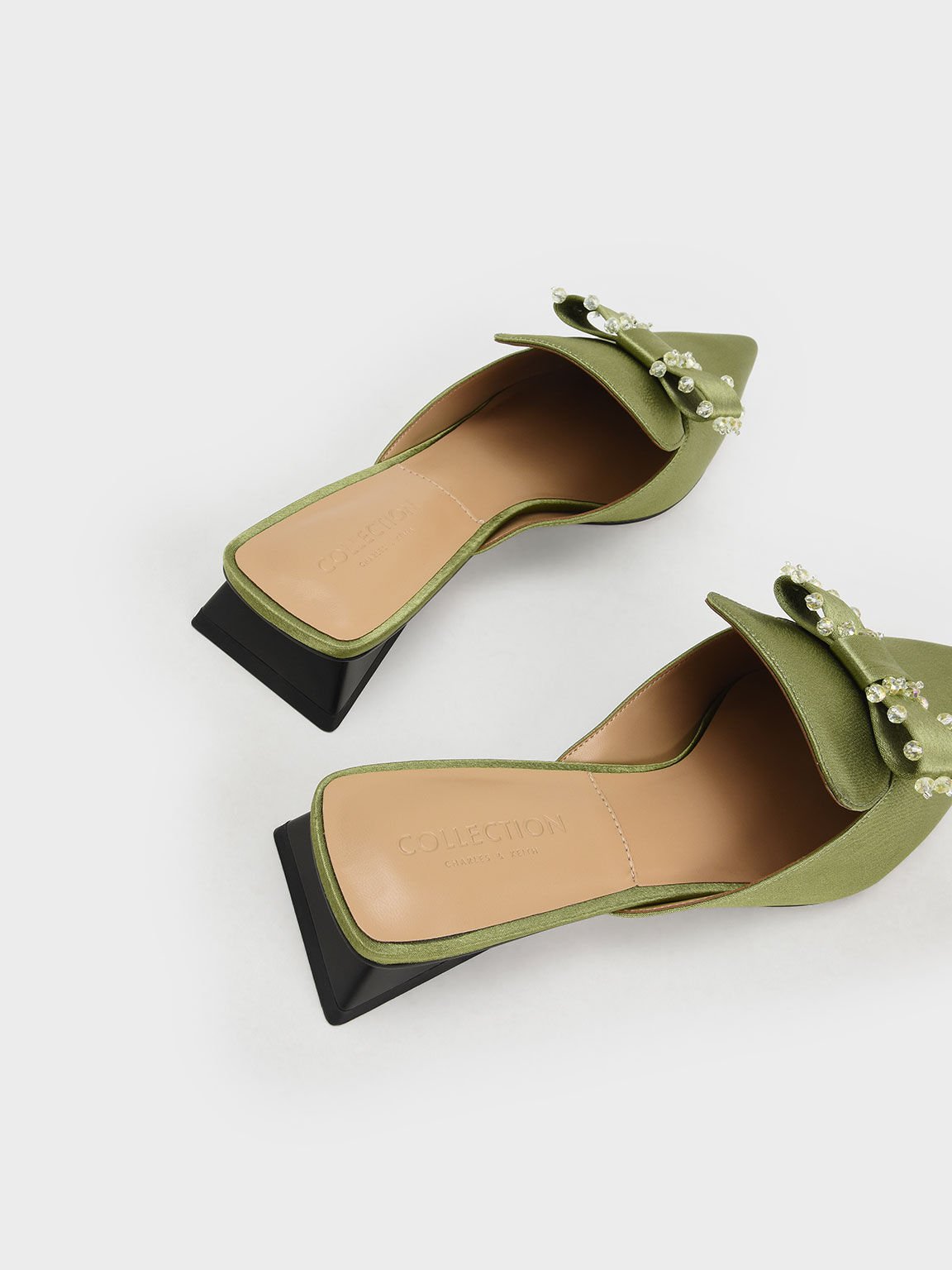 Satin Bead-Embellished Loafer Mules, Green, hi-res